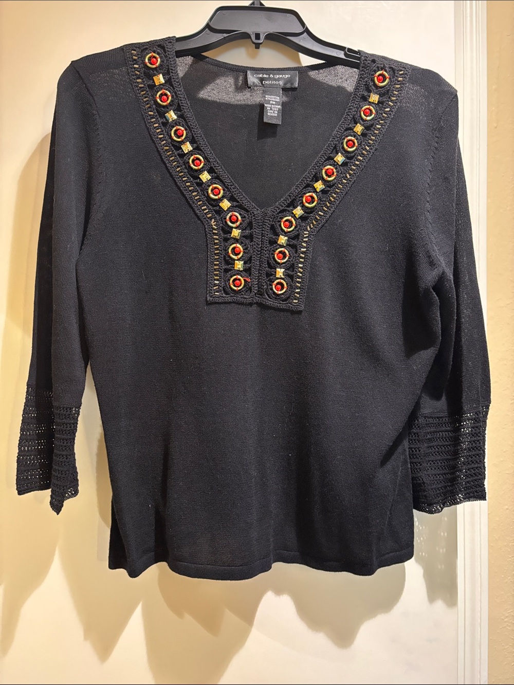 Cable & Gauge Black V-Neck Tunic with Red and Gold Accents